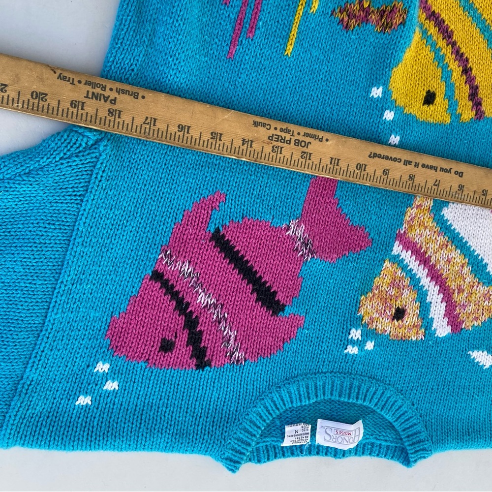 Vintage Fish Sweater Hong Kong Ramie Cotton Coastal Aquarium Knit Womens M 80s - Picture 6 of 14